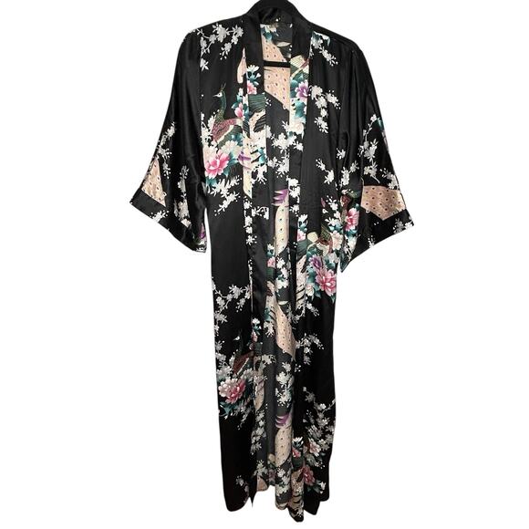 Kim + Ono Kimono Silky Maxi Robe Womens Floral Exotic Peacock Leisure Loungewear - Picture 2 of 16